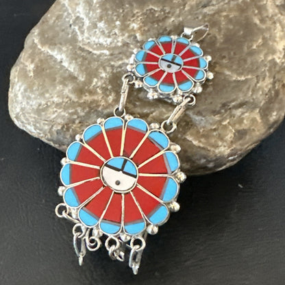 Sunface Zuni Inlay Turquoise Coral MOP Sterling Silver Pendant 3.5" 17771