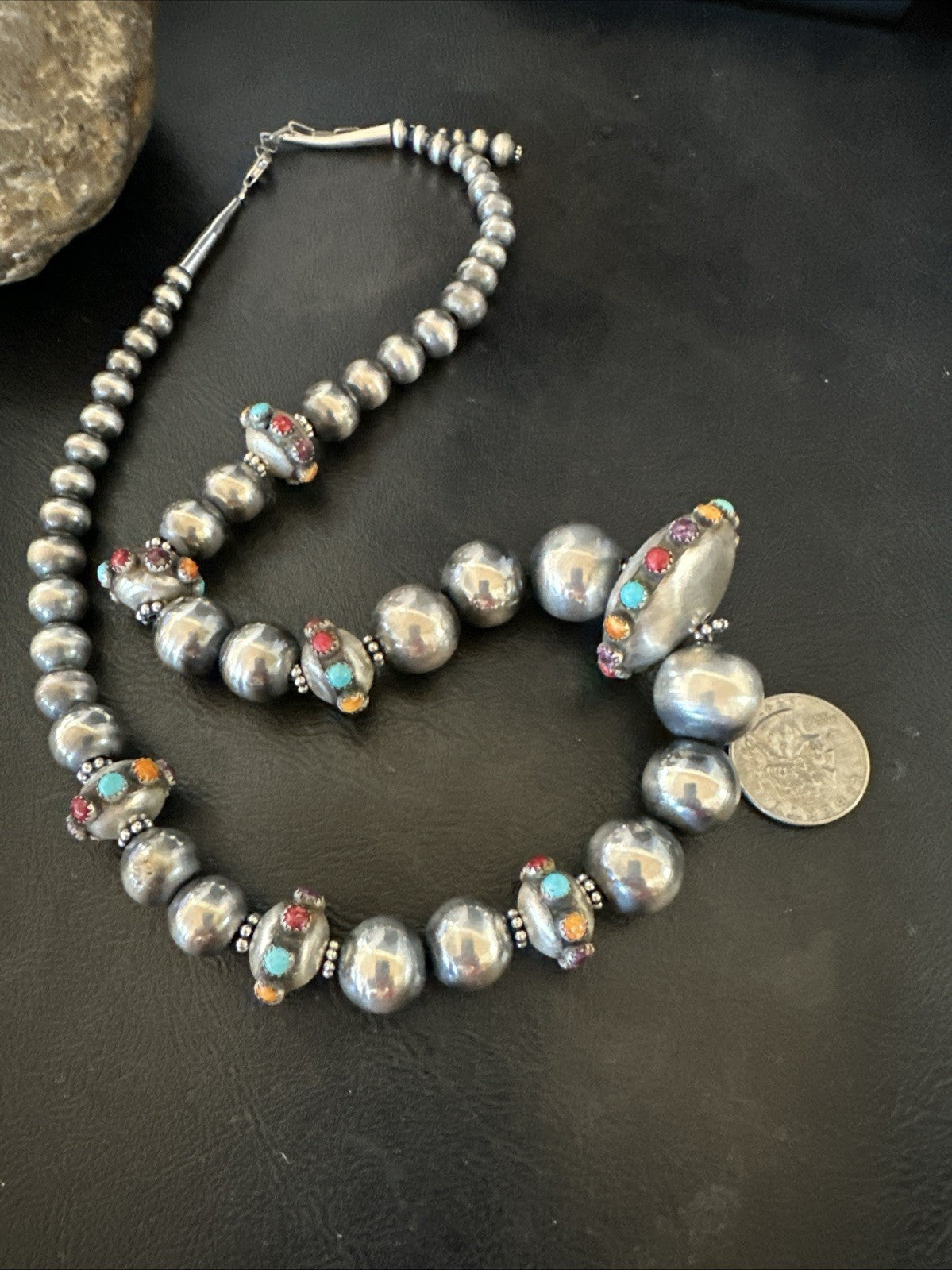 Multicolor Spiny Navajo Pearls Turquoise Sterling Silver Necklace 23” 19448