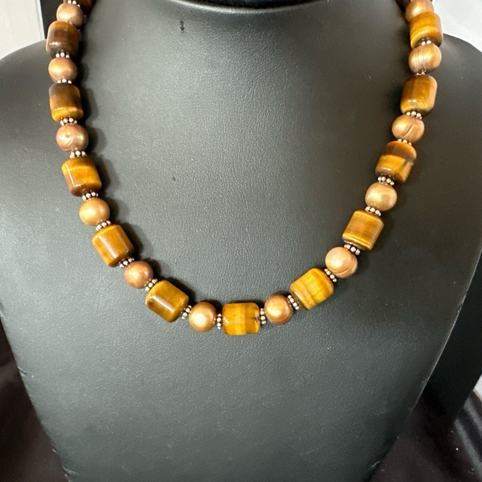 Coffee Tigers Eye Culture Pearl Sterling Silver Necklace Wrap Bracelet 17” 18737