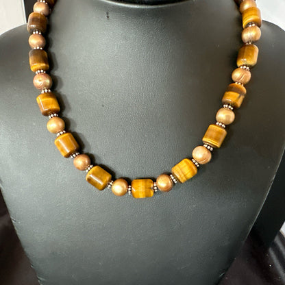 Coffee Tigers Eye Culture Pearl Sterling Silver Necklace Wrap Bracelet 17” 18737