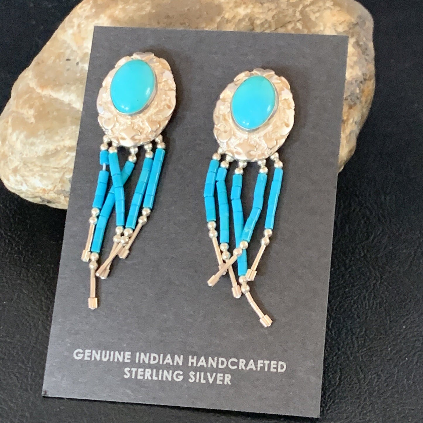 Native Womens Nugget Sterling Silver Blue Turquoise Dangle Earrings 2" 13013