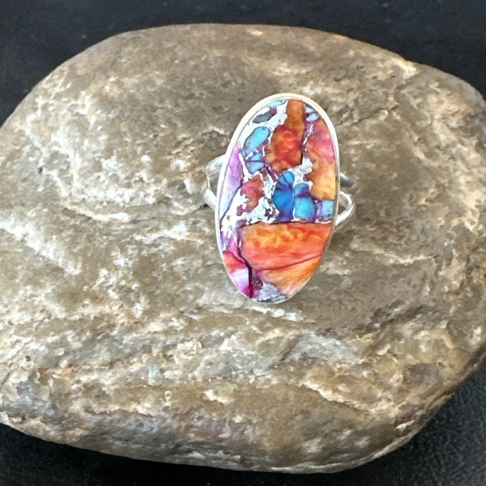 Blue Turquoise Spiny Oyster Southwestern Sterling Silver Ring Size 9 18460