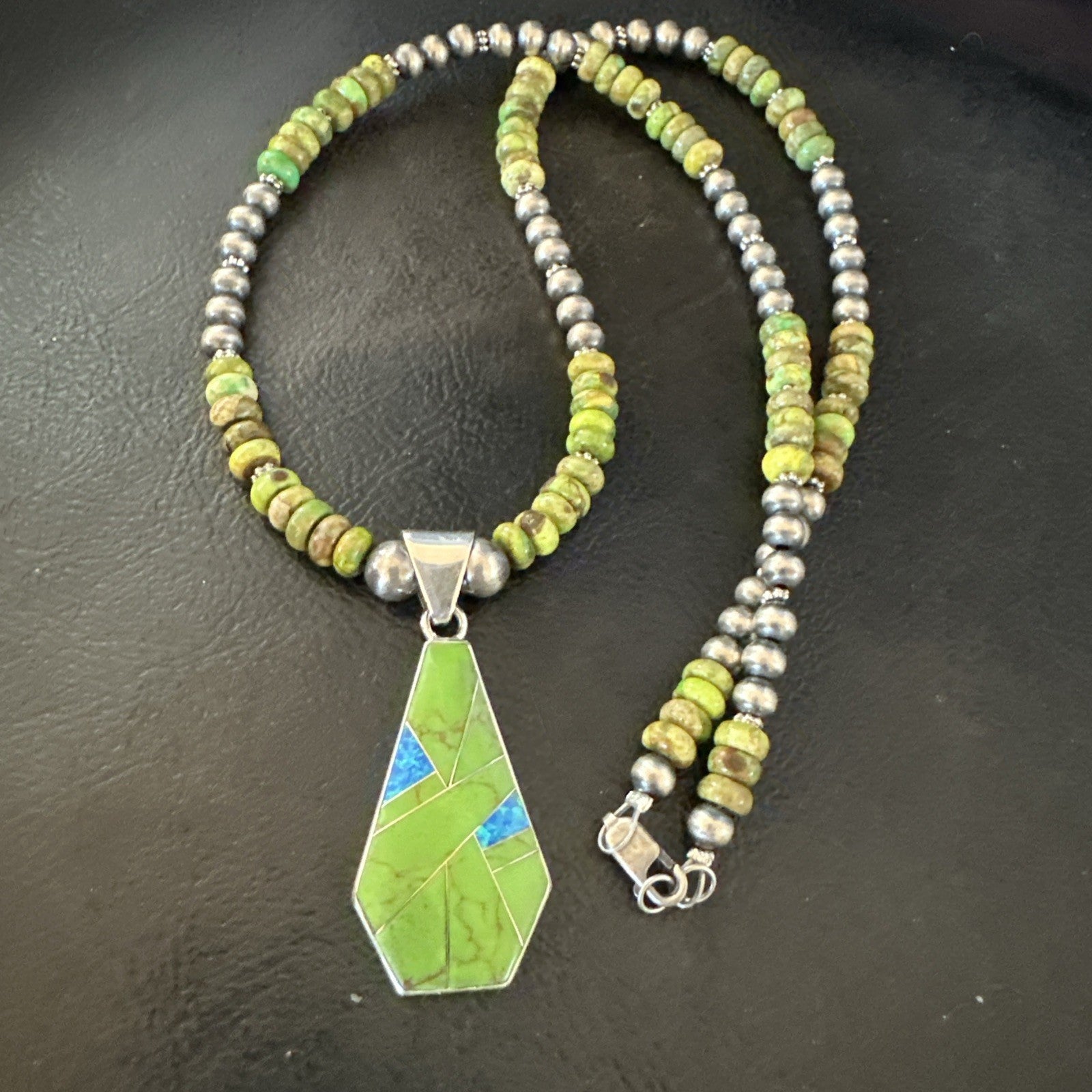 Womens Green Gaspeite Turquoise Pendant Navajo Sterling Silver Necklace 19546