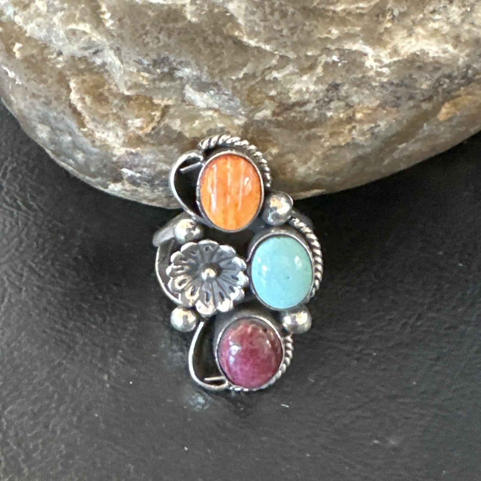Multicolor Ring Turquoise Spiny Navajo Sterling Silver Cluster Size 8.5 19166