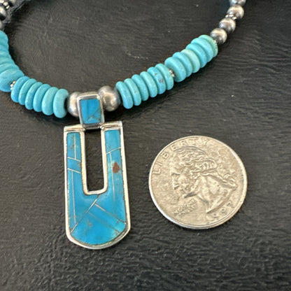 Blue Turquoise Inlay Pendant Navajo Sterling Silver Necklace 20" 19712