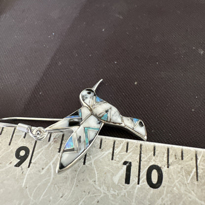 White Buffalo Turquoise Opal Onyx Sterling Silver Hummingbird Earrings 18546