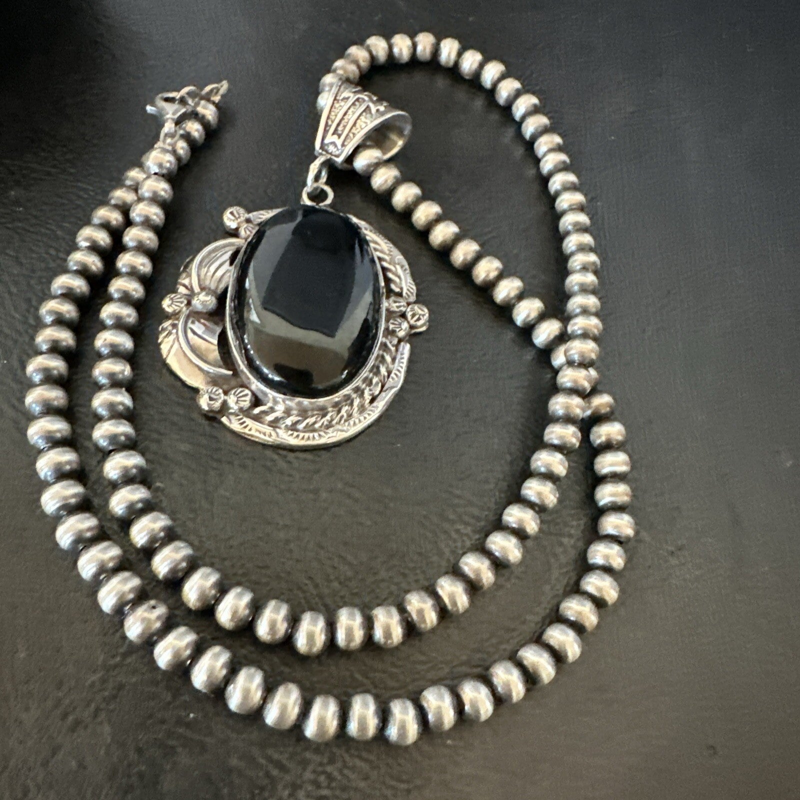 Mens Womens Black Onyx Pendant Navajo Sterling Silver Beads Necklace 18297