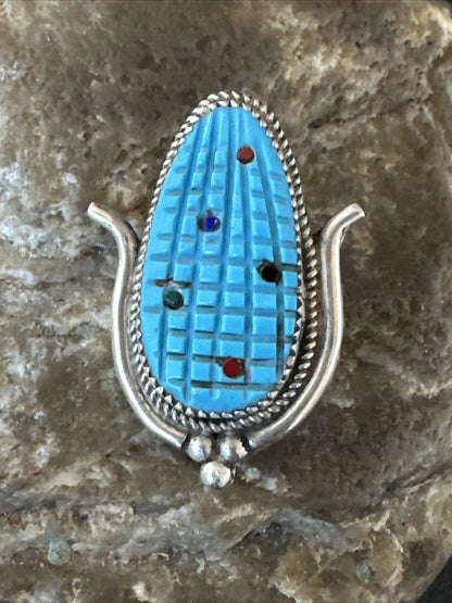 CORN INLAY Blue Turquoise MOP Spiny Zuni Sterling Silver Pin Pendant 17850