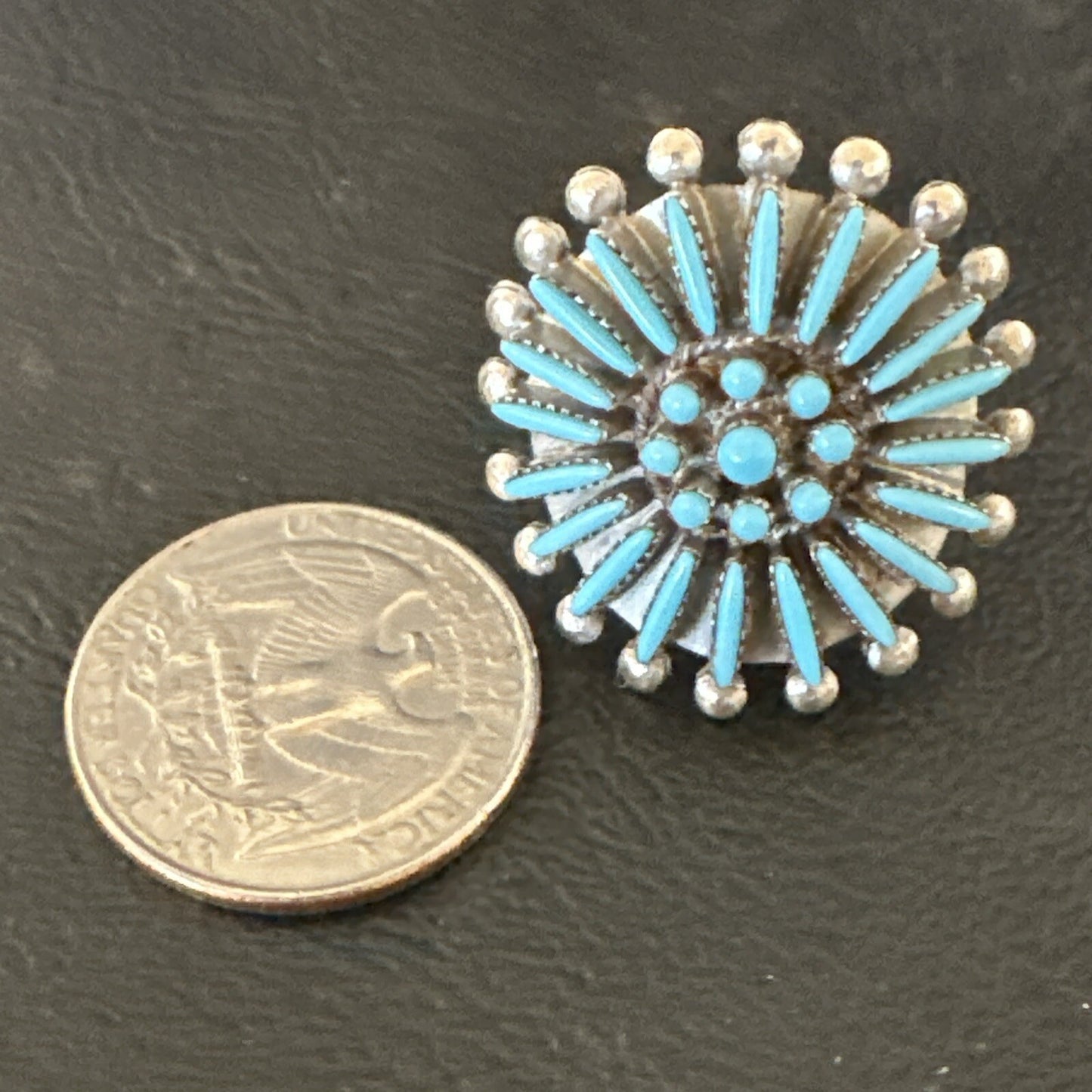 Blue Turquoise Zuni Sterling Silver Needle Point Cluster Ring Size 8 17843