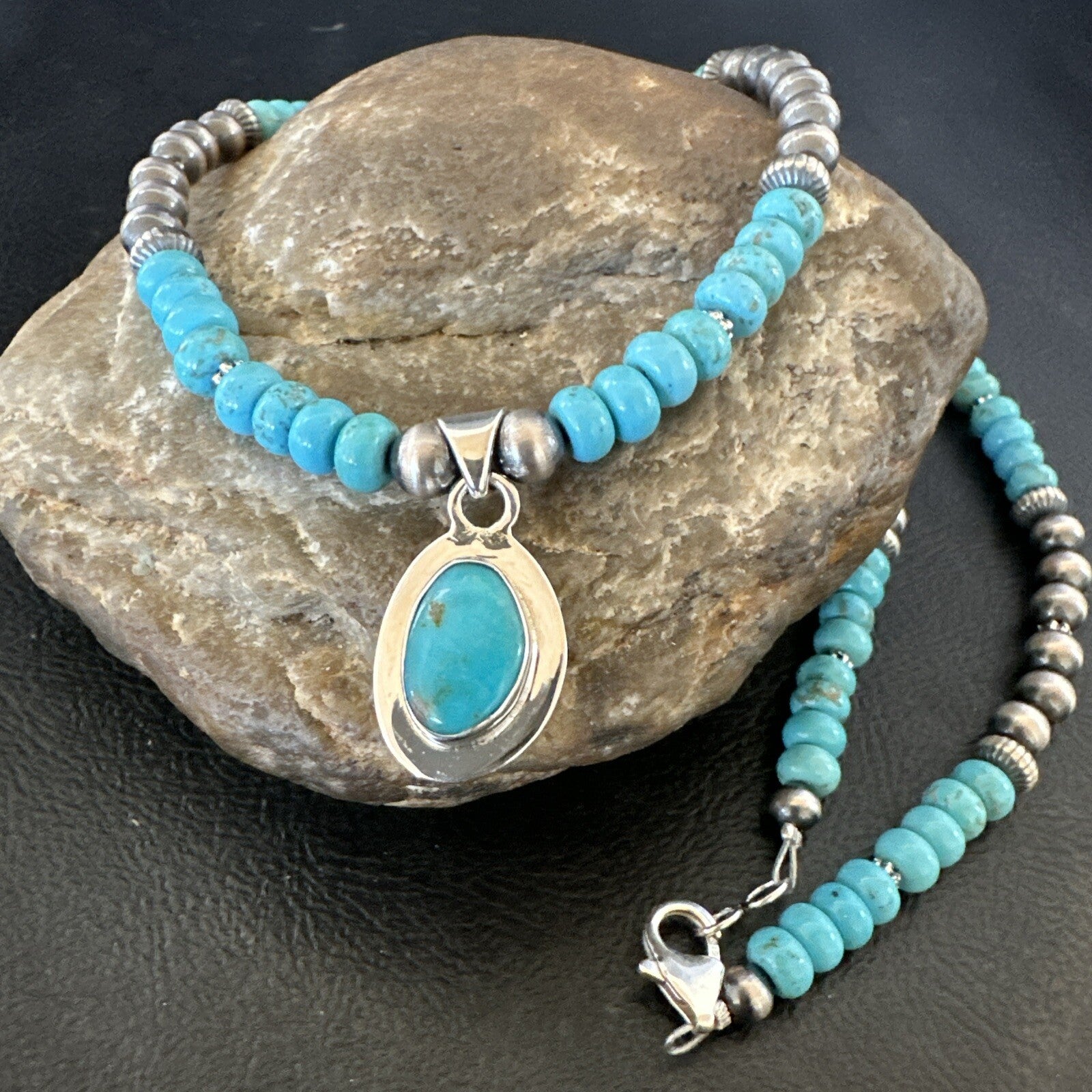 WoMens Blue Kingman Turquoise Pendant Navajo Sterling Silver Necklace 21" 17931