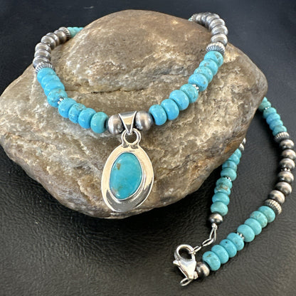 WoMens Blue Kingman Turquoise Pendant Navajo Sterling Silver Necklace 21" 17931