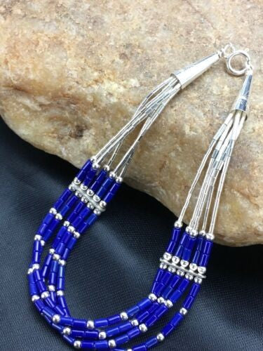 Navajo Lapis Heishi Bracelet Sterling Liquid Silver 5-Strand 7" 2934