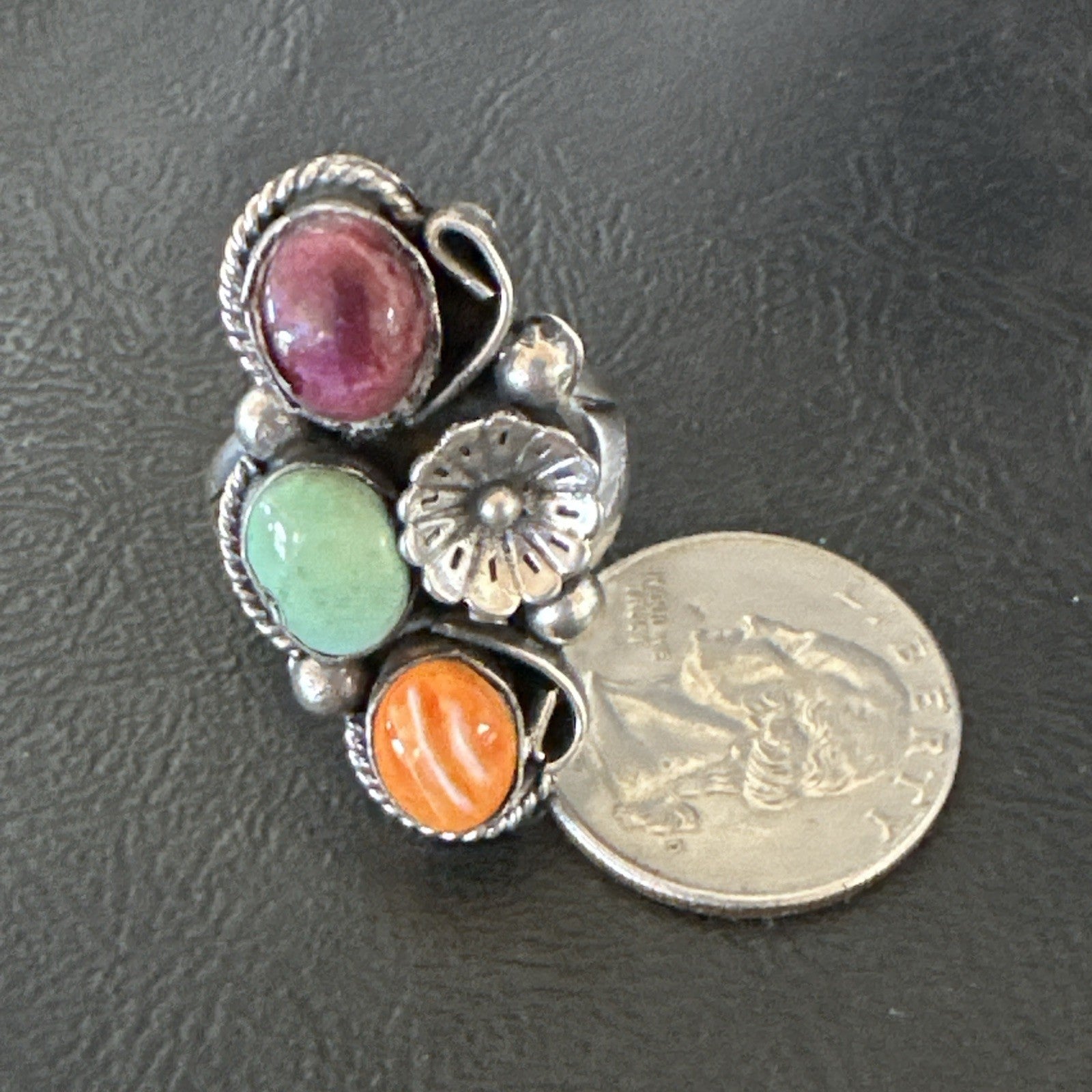 Multicolor Ring Turquoise Spiny Navajo Sterling Silver Cluster Size 9 19173