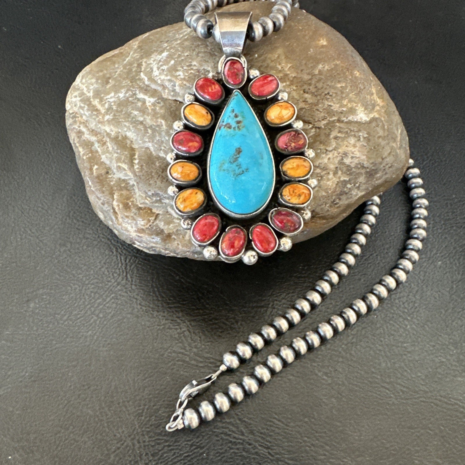 Multicolor Turquoise Spiny Navajo Sterling Silver Cluster Pendant Necklace 19560
