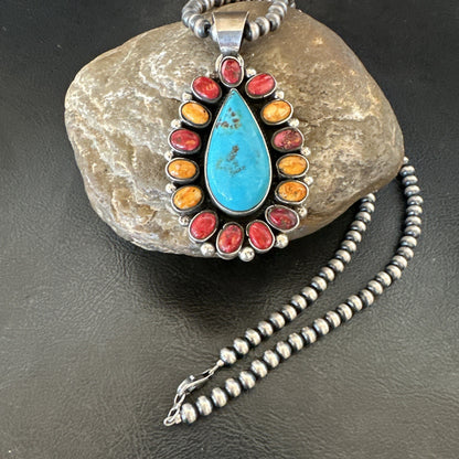 Multicolor Turquoise Spiny Navajo Sterling Silver Cluster Pendant Necklace 19560