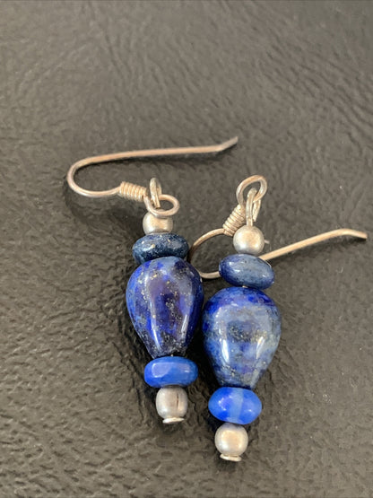Blue Lapis Lazuli Bead Navajo Sterling Silver Dangle Earrings 1712
