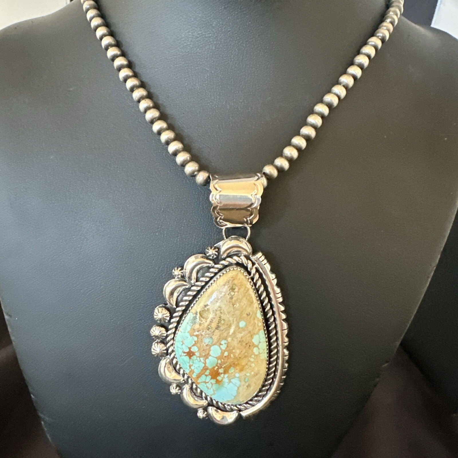 XXL Mens Royston Turquoise Pendant Navajo Pearls Sterling Silver Necklace 18745