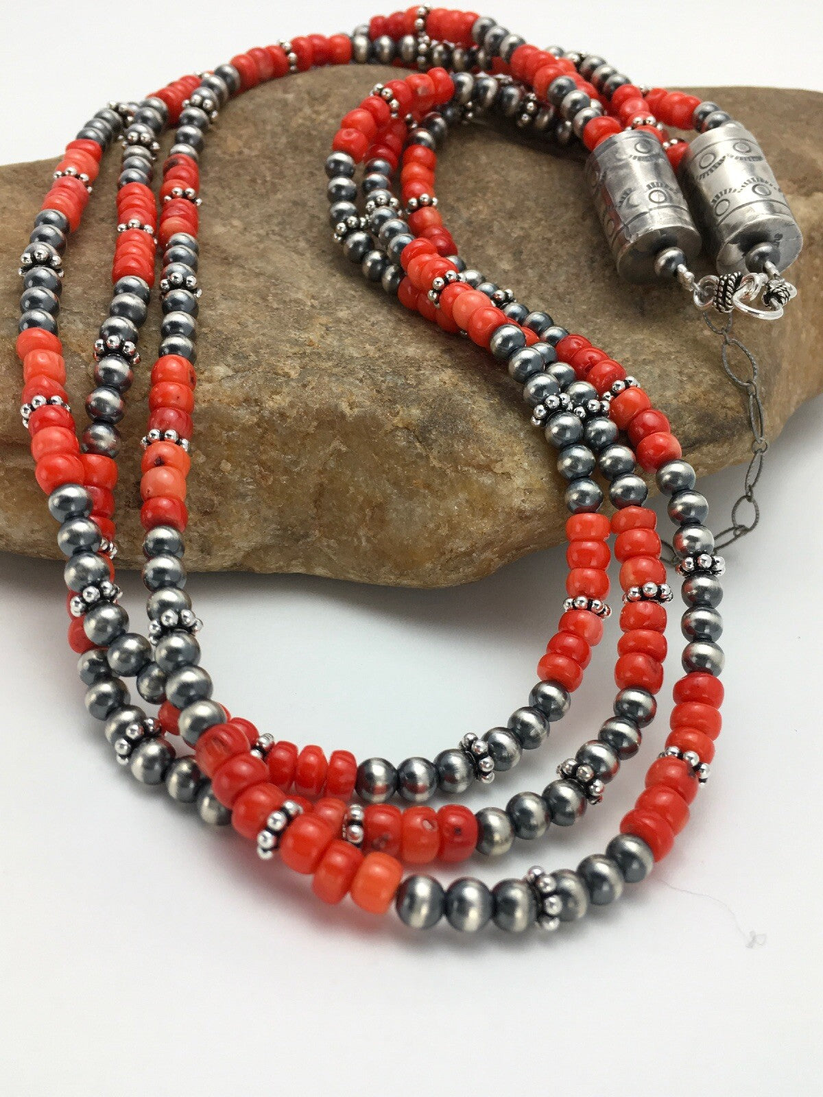 Red Coral 3 Strand Sterling Silver Navajo Necklace 02585