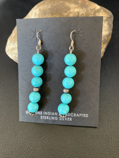Blue Turquoise Earrings Native American Sterling Silver Bead 2" 13046