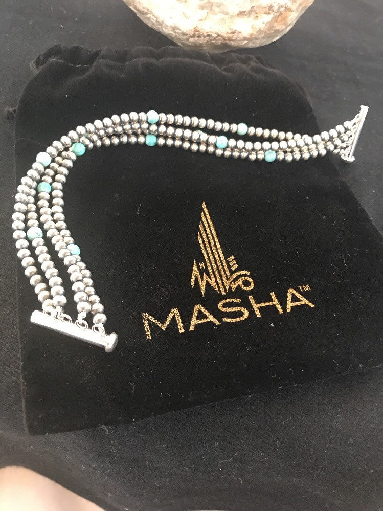 Native American Sterling Silver Beads Blue Turquoise Bracelet 4 Strand