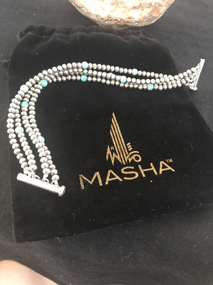 Native American Sterling Silver Beads Blue Turquoise Bracelet 4 Strand