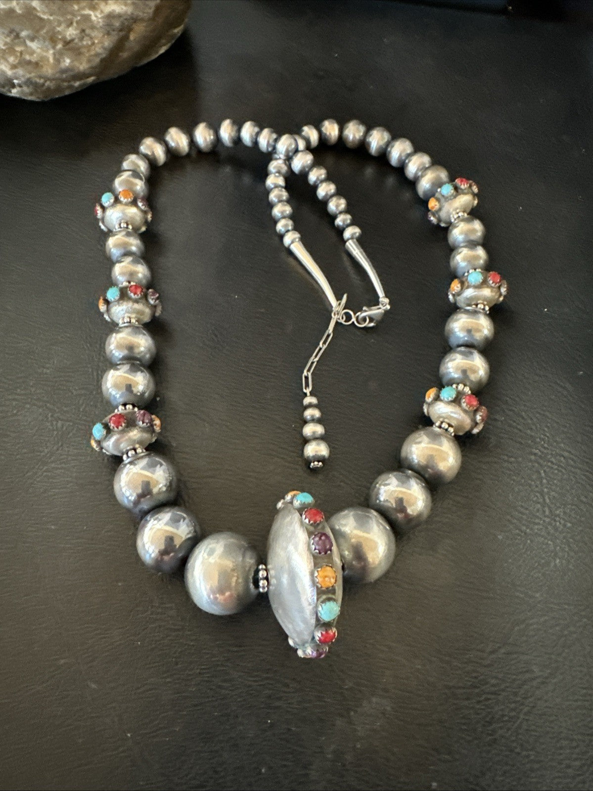 Multicolor Spiny Navajo Pearls Turquoise Sterling Silver Necklace 23” 19448