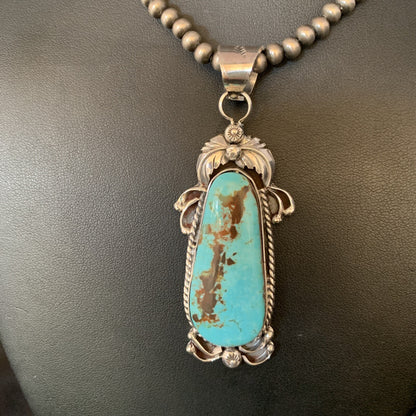 Men Blue Kingman Turquoise Pendant Navajo Pearls Sterling Silver Necklace 14204N