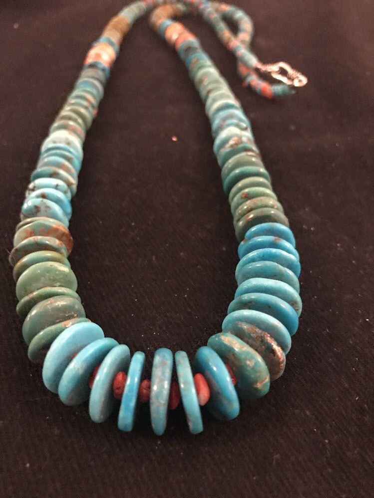 Kingman Turquoise Navajo Sterling Silver Spiny Necklace 32” 3684