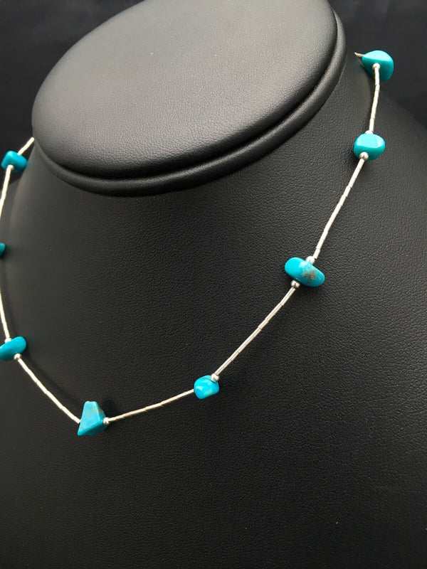 Girls Nugget Turquoise Liquid Necklace 14" | Sterling Silver | Authentic Native American Handmade | 02931