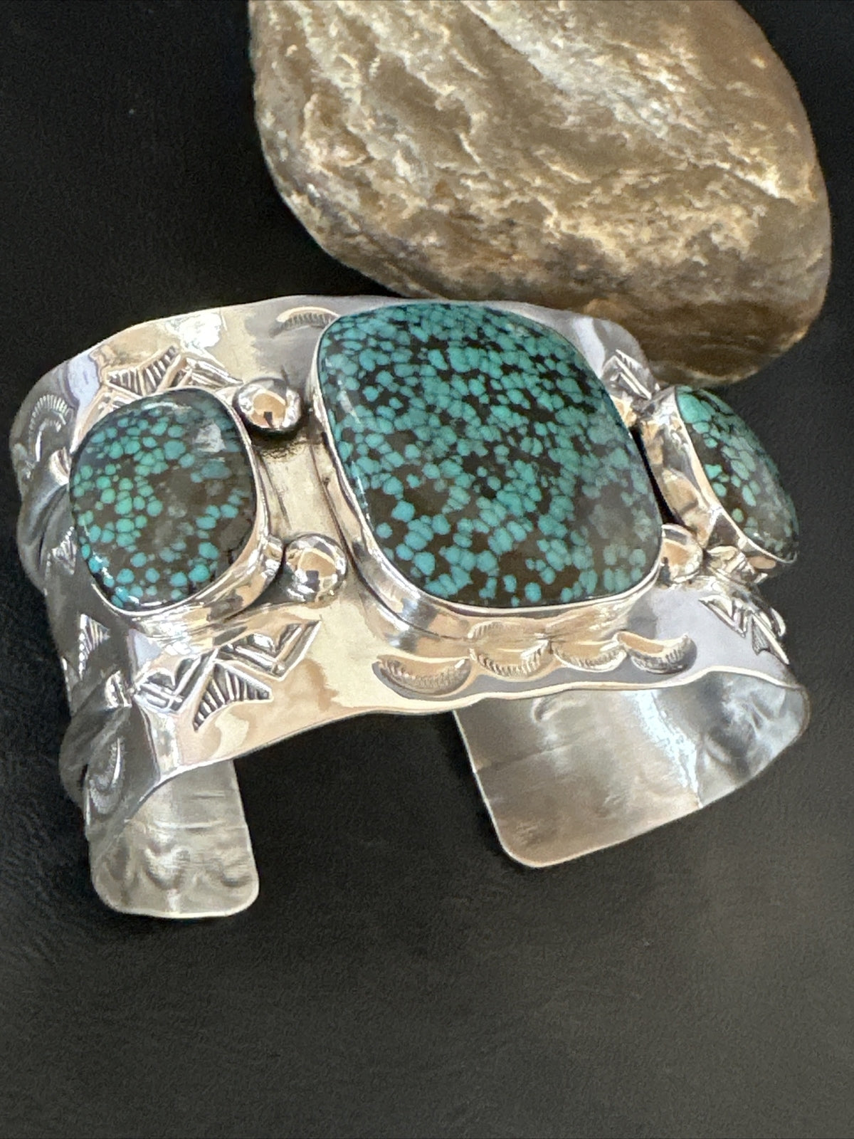 XL Blue Kingman Turquoise 3 Stone Navajo Sterling Silver Cuff Bracelet 18022