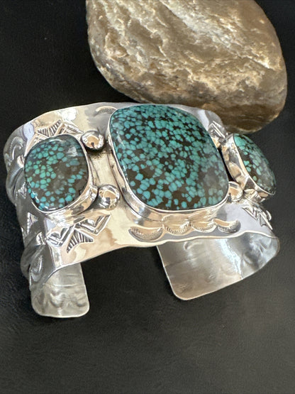XL Blue Kingman Turquoise 3 Stone Navajo Sterling Silver Cuff Bracelet 18022