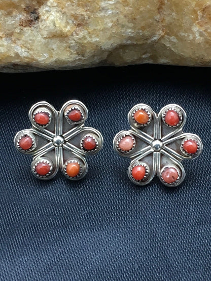 Native Zuni Cluster Sterling Silver Necklace Coral Earrings Set 0.6" 1074