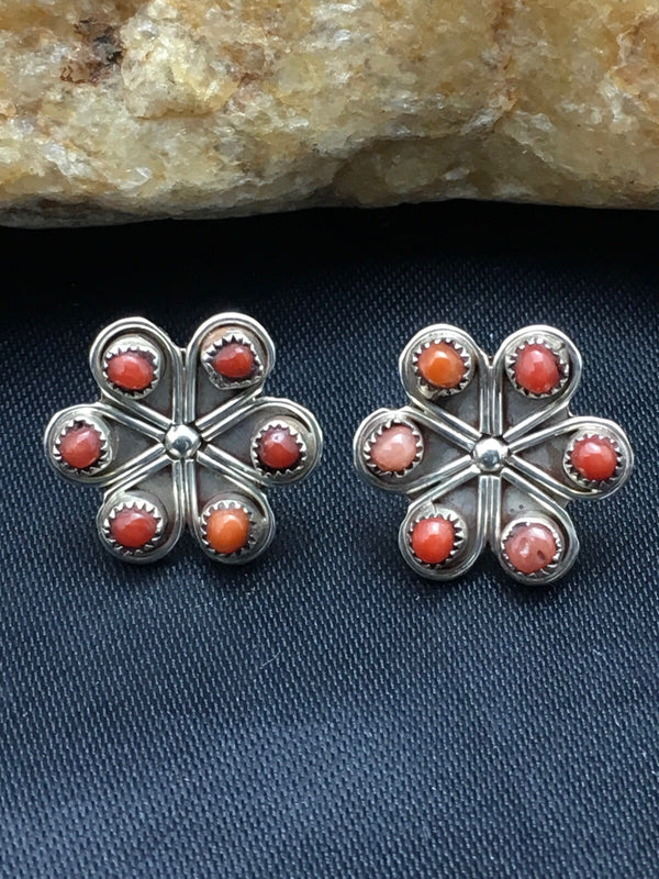 Zuni Cluster Necklace Coral Earrings Set 0.6" | Sterling Silver | Authentic Native American Handmade | 1074