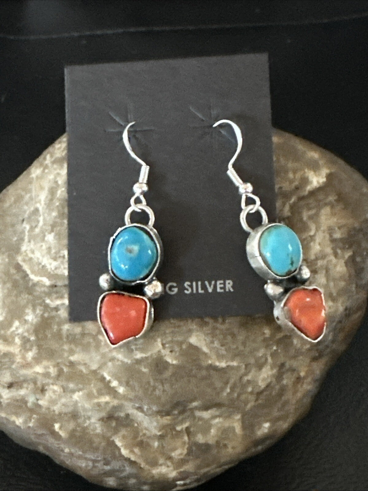 Blue Turquoise Red Coral Sterling Silver Navajo Dangle Earrings 18843
