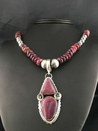 Purple Spiny Oyster Pendant Navajo Sterling Silver Beads Necklace 08175