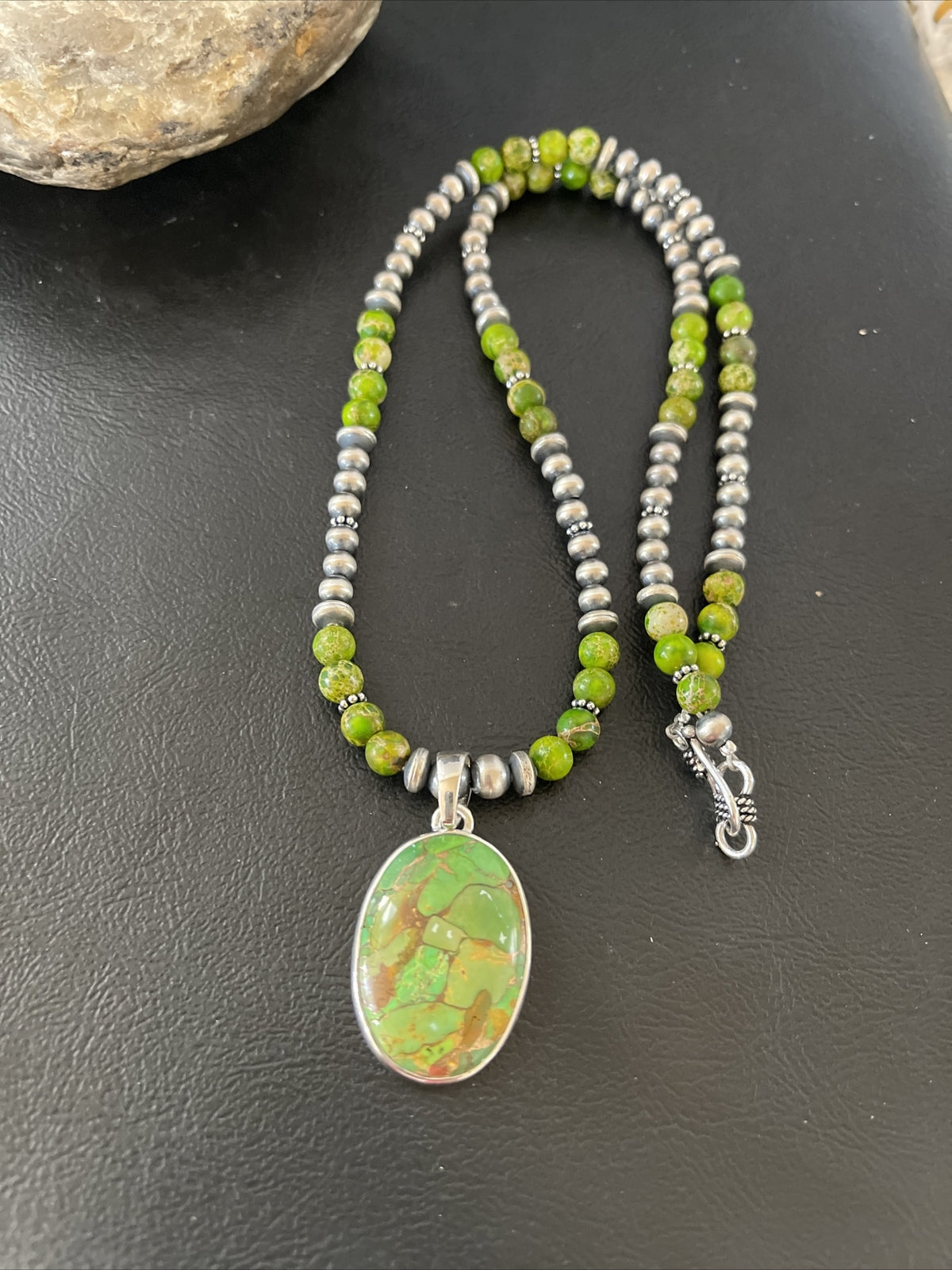 Women Green Mohave Turquoise Pendant Sterling Silver Beads Necklace 10311