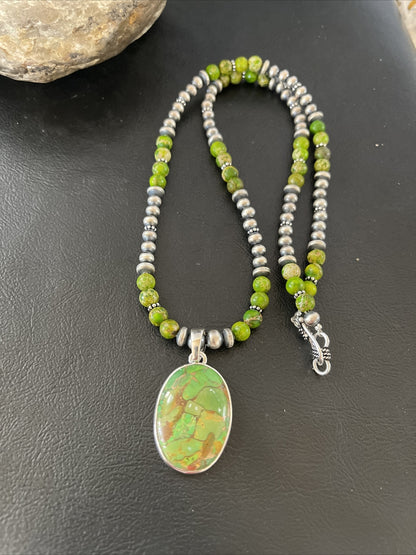 Women Green Mohave Turquoise Pendant Sterling Silver Beads Necklace 10311