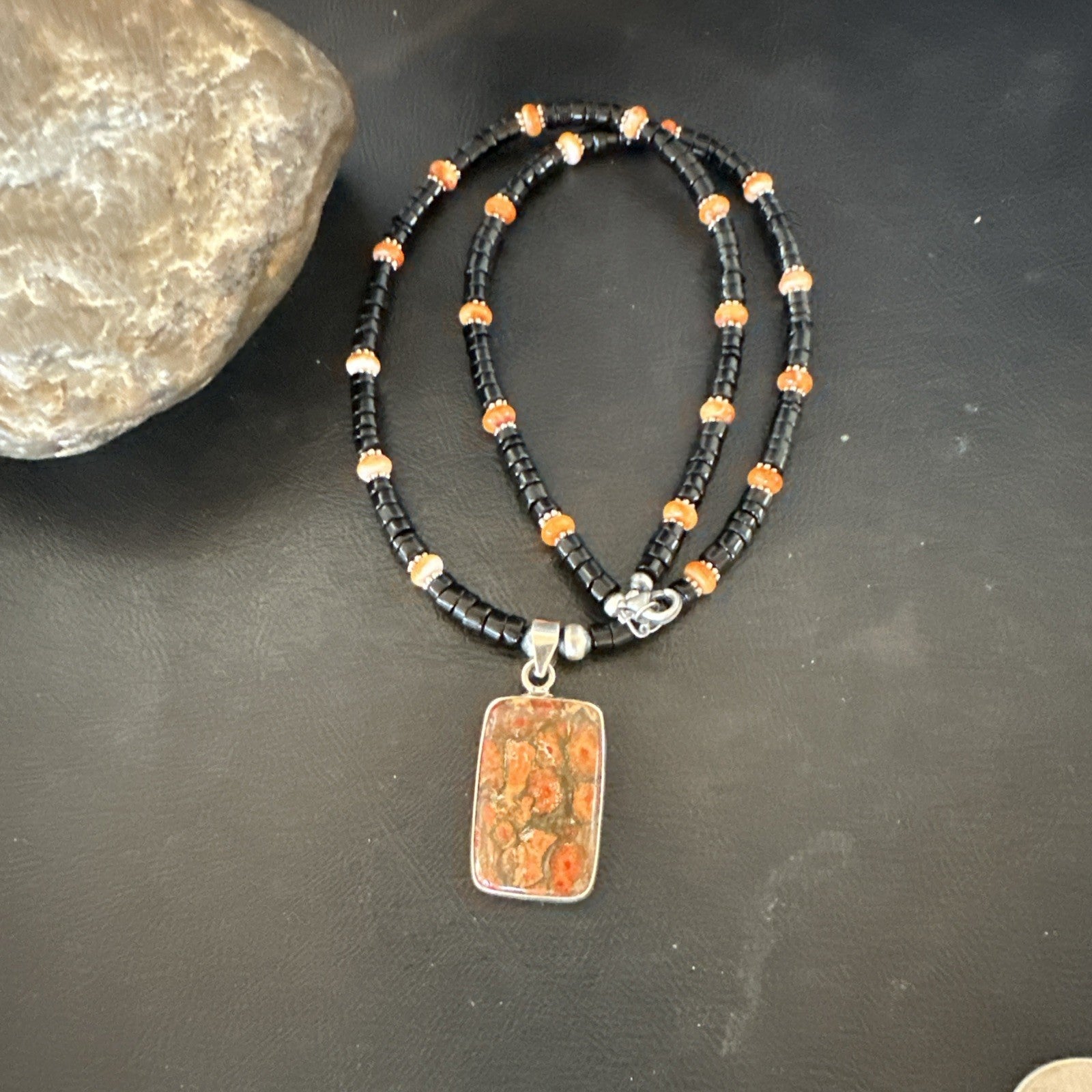 Orange Spiny Black Onyx Navajo Sterling Silver Pendant Necklace 20” 19637