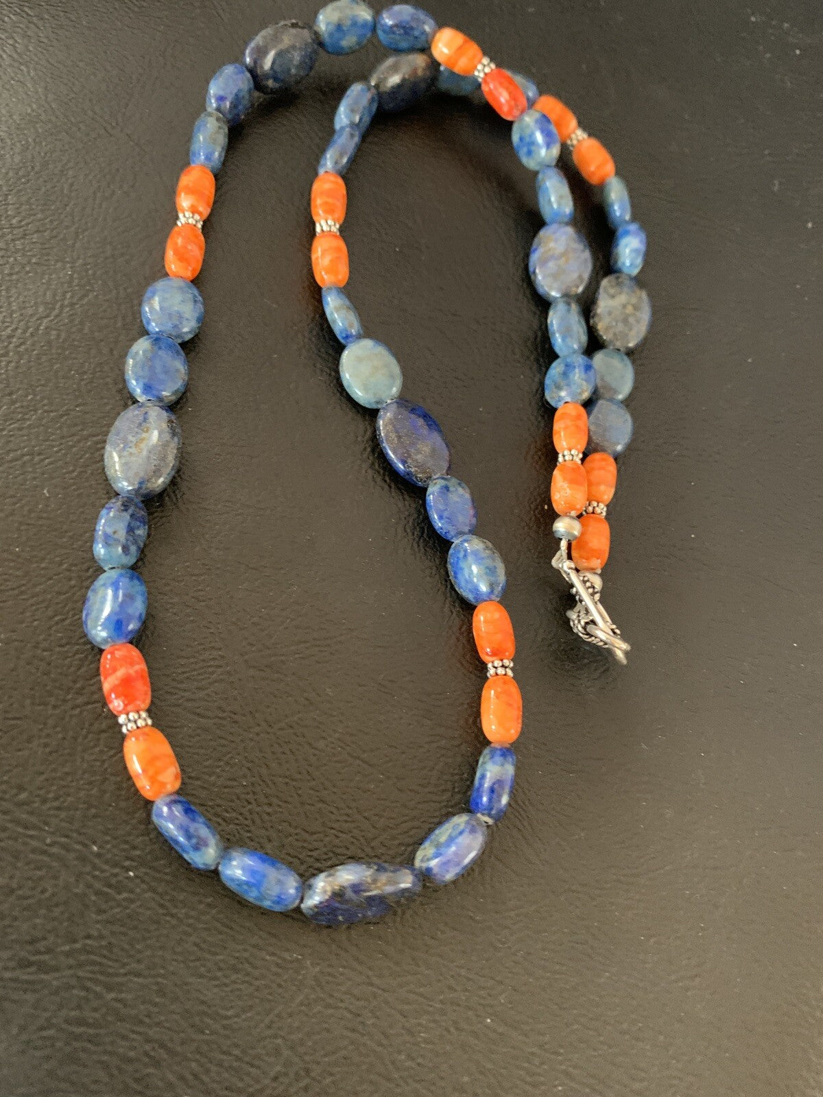 Mens Lapis Orange Spiny Oyster Navajo Pearls Sterling Silver Necklace 20" 01489