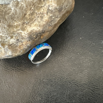 Blue Opal Navajo Sterling Silver Band Inlay Ring Size 7.5 19724