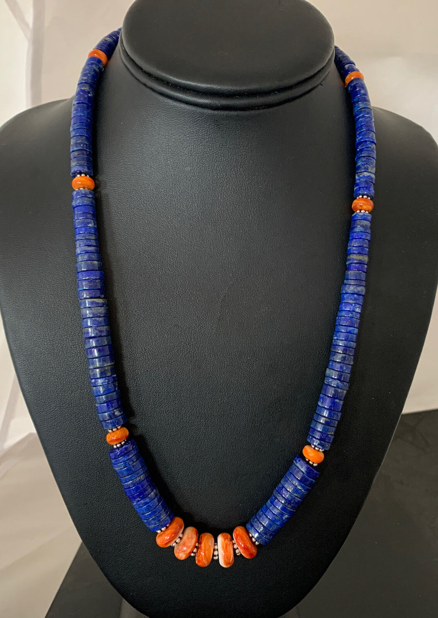 Mens Navajo Sterling Silver Navy Blue Lapis Orange Spiny Oyster Necklace 00929