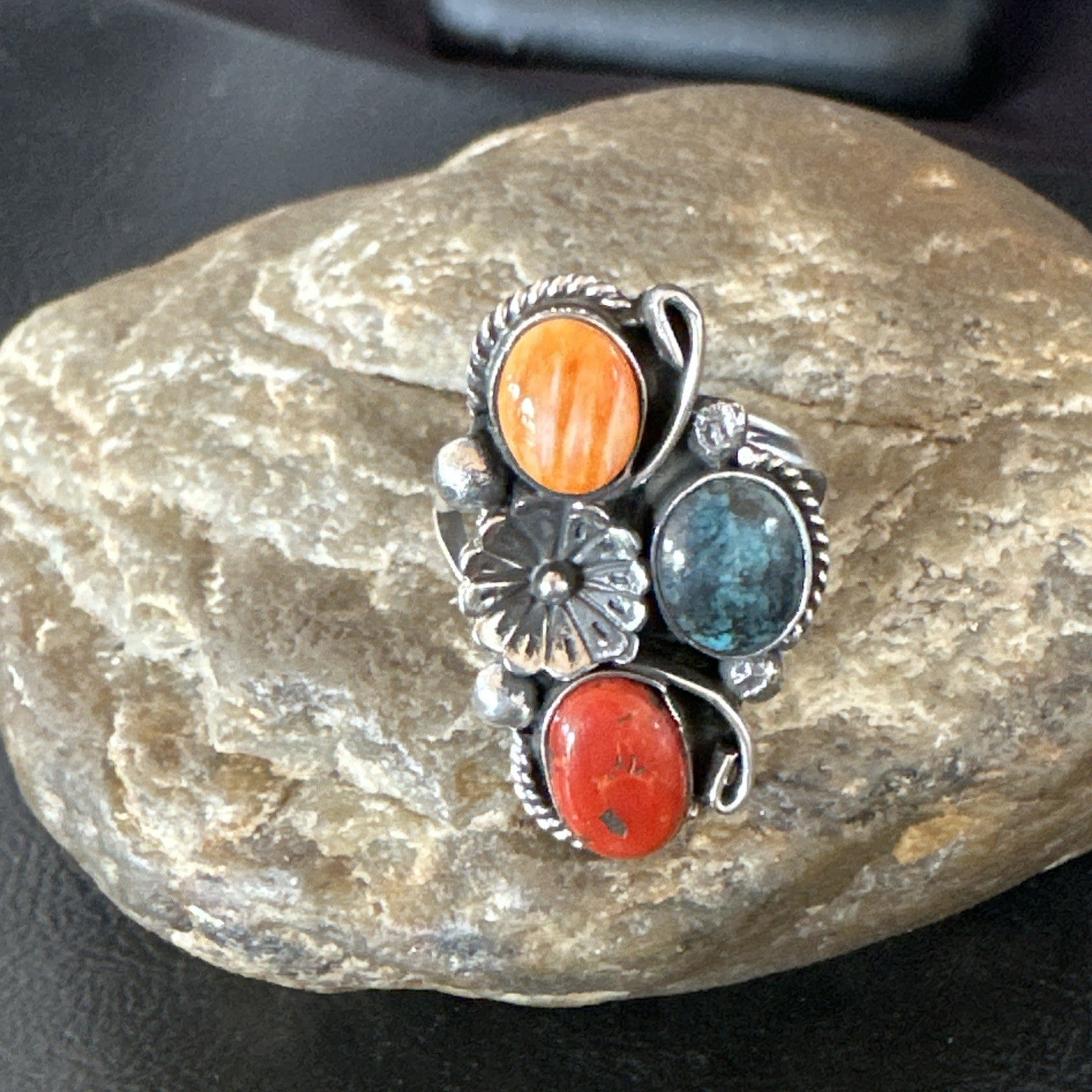Multicolor Ring Turquoise Coral Spiny Navajo Sterling Silver Cluster Sz 10 19193