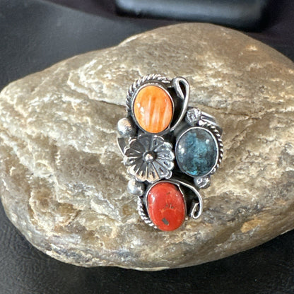 Multicolor Ring Turquoise Coral Spiny Navajo Sterling Silver Cluster Sz 10 19193
