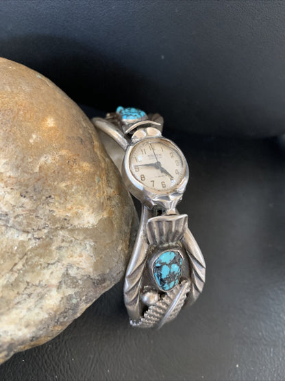 Blue Kingman Turquoise Inlay Navajo Sterling Silver Old Pawn Watch Tips 01442
