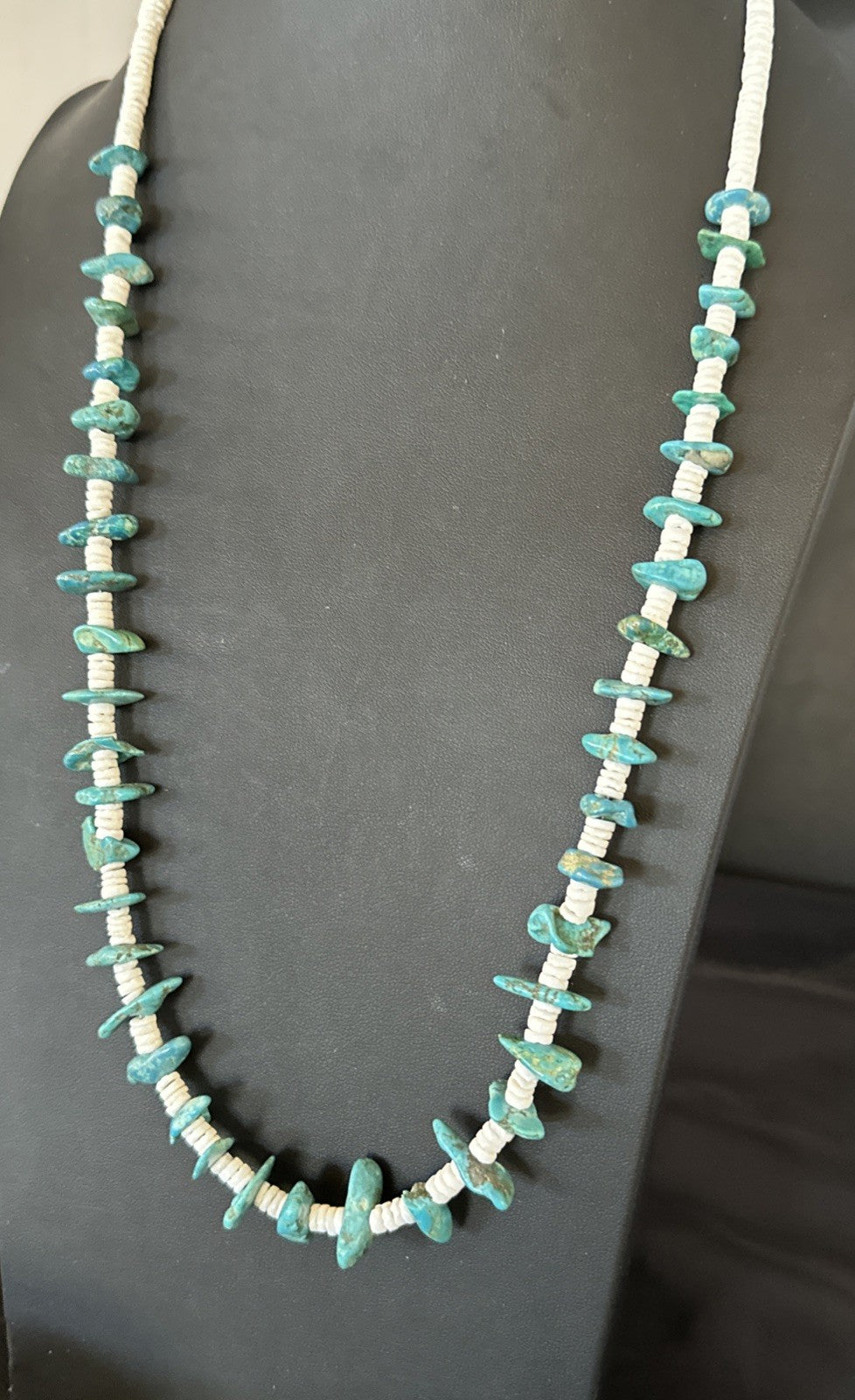 Blue Turquoise White Shell Navajo Sterling Silver Necklace 31" 19719