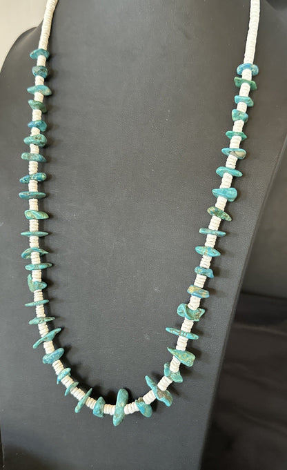 Blue Turquoise White Shell Navajo Sterling Silver Necklace 31" 19719