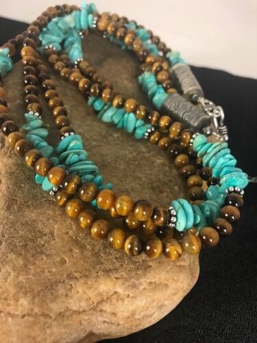 Men's Tigers Eye & Turquoise 3 Strand Necklace Navajo Sterling Silver 8418
