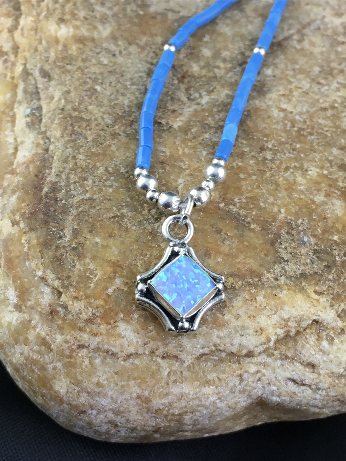 Girls Opal Pendant Lapis Beads Sterling Silver Necklace 15" 10124