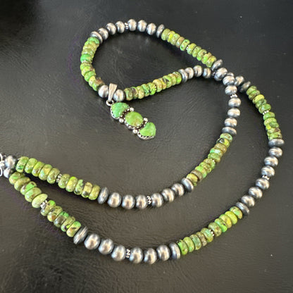 Womens Green Gaspeite Turquoise Pendant Navajo Sterling Silver Necklace 18388