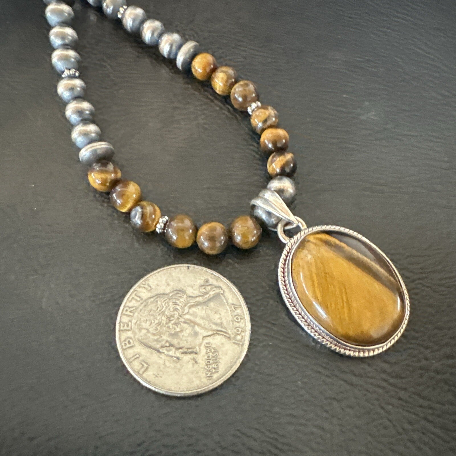 Coffee Brown Tigers Eye Sterling Silver Pendant Necklace Southwestern 18282